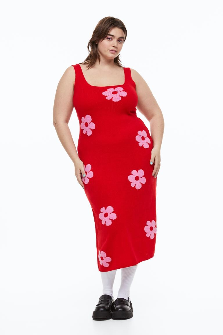 

H&M+ Трикотажное платье, красный/цветы