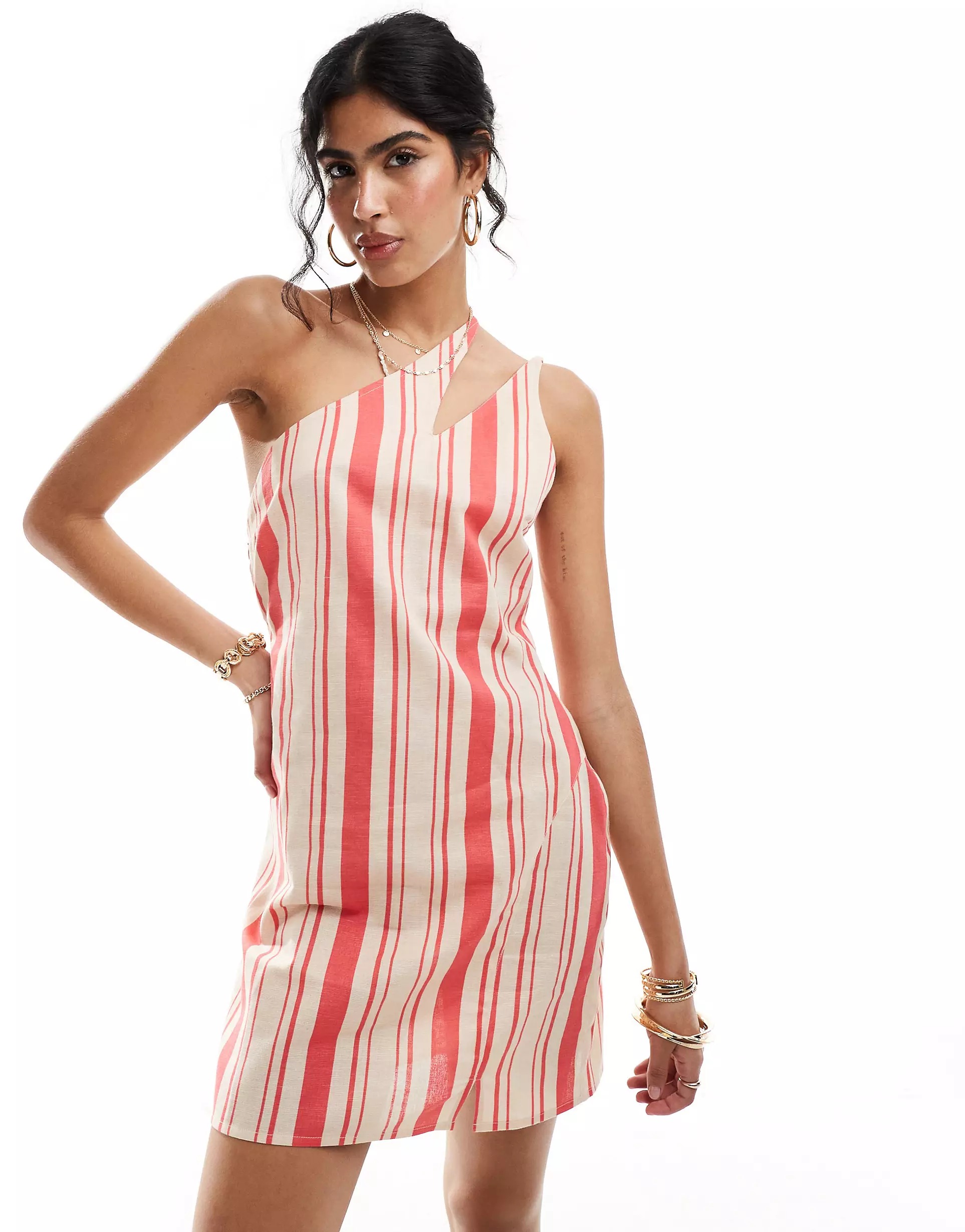 Платье мини Asos Design One-shoulder, Striped Linen With Slit Straps, розовый, красный женское повседневное платье в полоску с разрезом на пуговицах