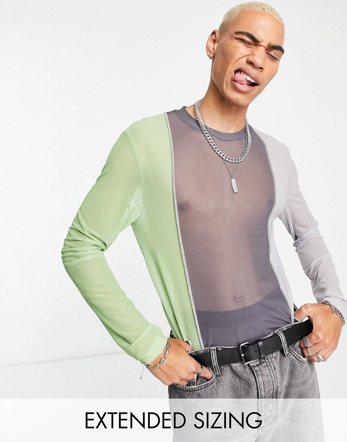 

Серая и зеленая сетчатая футболка скинни с длинными рукавами ASOS DESIGN, Зеленый