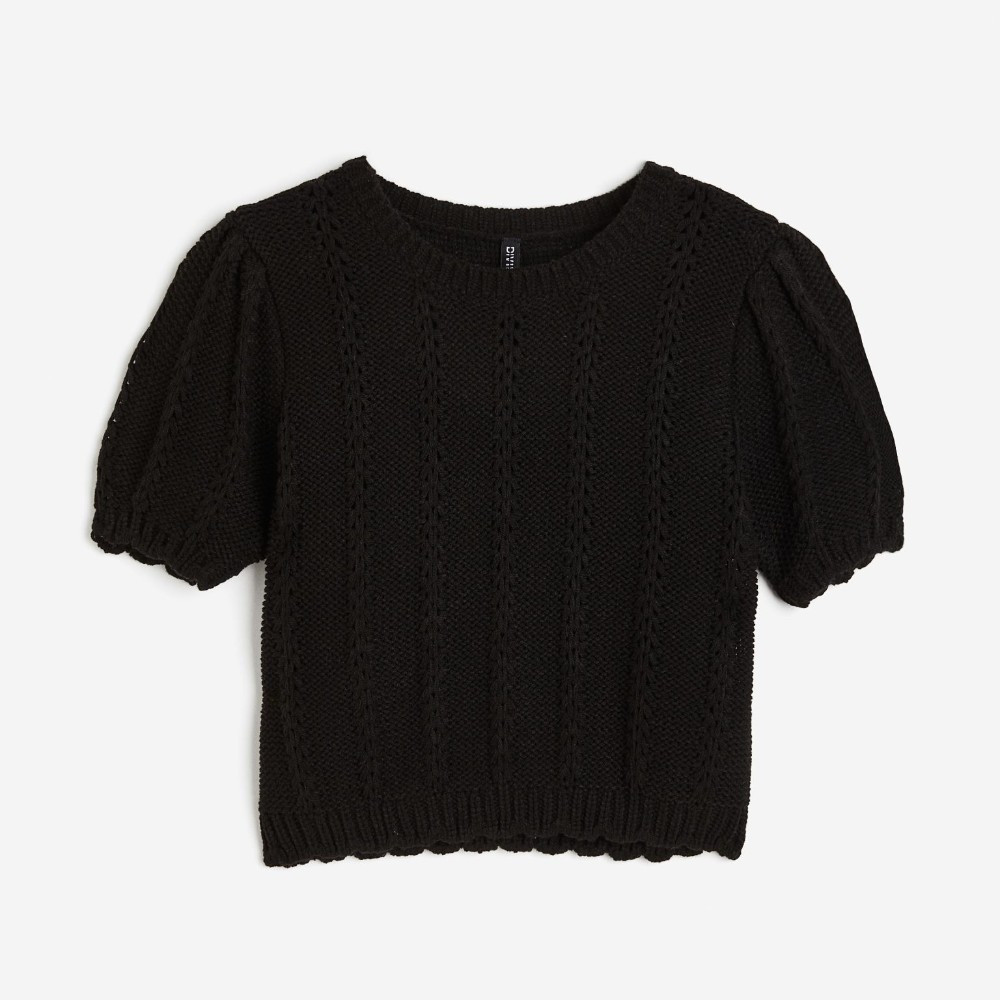 Топ H&M Textured-knit Puff-sleeved, черный