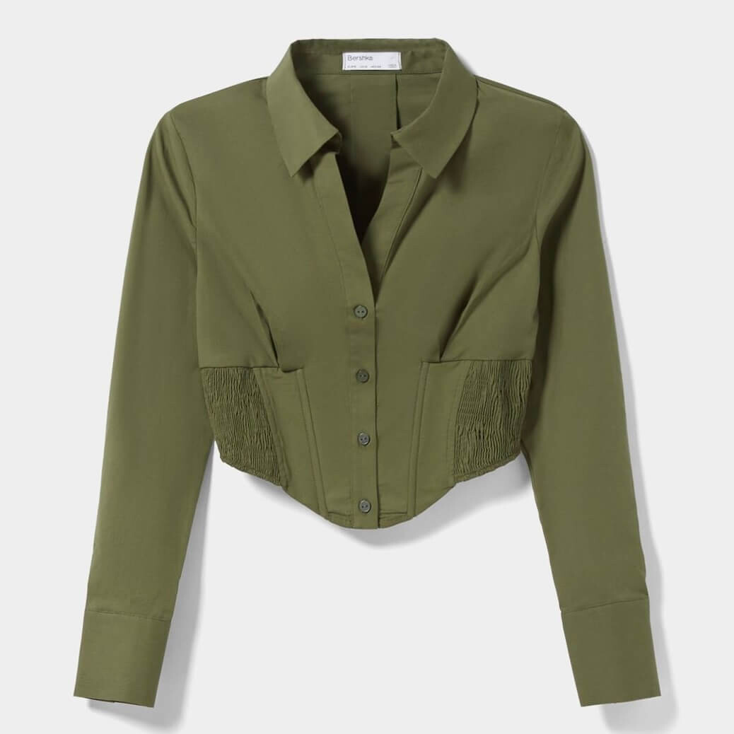 

Блуза-корсет Bershka Fitted Poplin Shirt With Long Sleeves, хаки