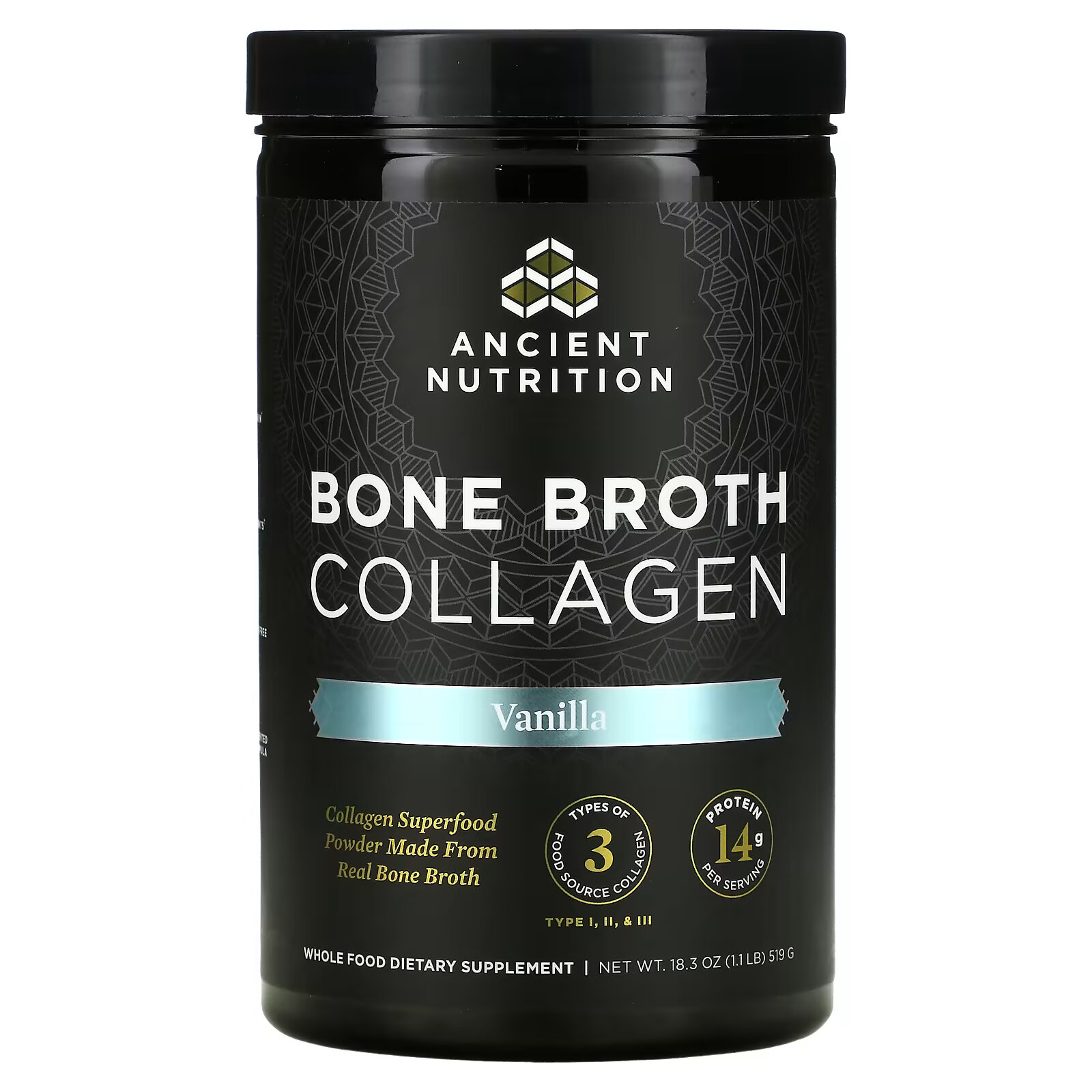 Dr. Axe / Ancient Nutrition, Bone Broth Collagen, ваниль, 519 г (1,1 фунта) dr axe ancient nutrition bone broth protein шоколад 1 1 фунта 17 8 унции