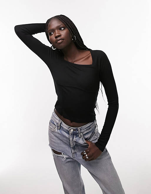 

Черный топ с длинными рукавами и квадратным вырезом Topshop