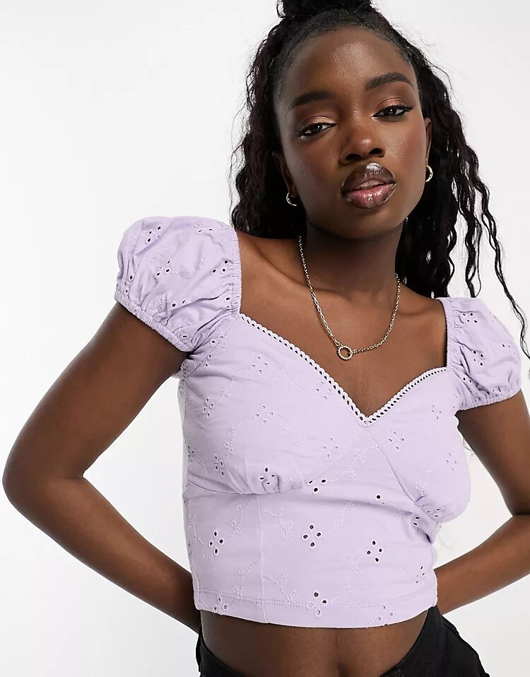 

Солнцезащитный топ с пышными рукавами из бродери от Asos Design, сиреневый