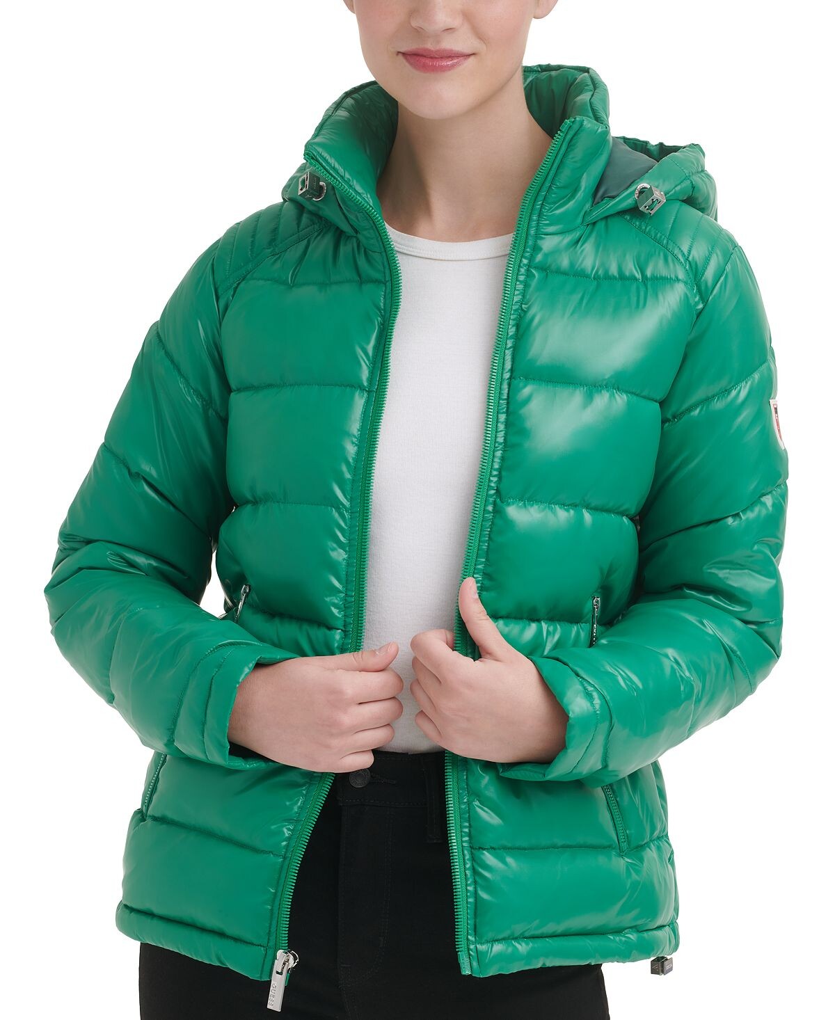 

Женское блестящее пуховое пальто с капюшоном GUESS, мульти, Зеленый
