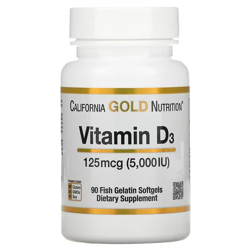 Витамин D3 California Gold Nutrition 125 мкг 5000 МЕ, 90 капсул витамин d3 lake avenue nutrition 125 мкг 5000 ме 360 капсул