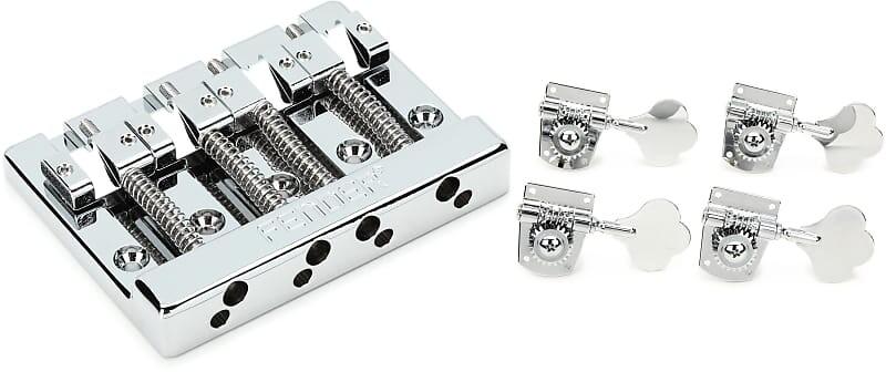 

4-струнный басовый бридж Fender HiMass - хром с латунными седлами в комплекте с набором из четырех станков для настройки басов Fender Standard / Highway One Series - хром 0036400049=1 0994408000=1