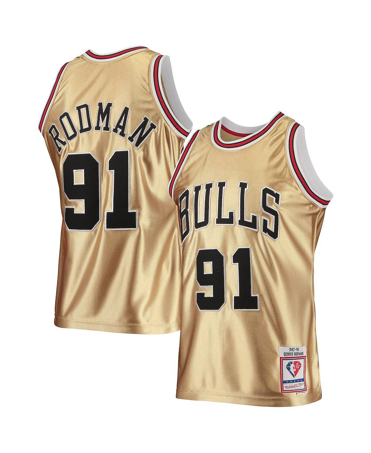 Мужская футболка денниса родмана gold chicago bulls 75th anniversary 1997-98 hardwood classics swingman jersey Mitchell & Ness