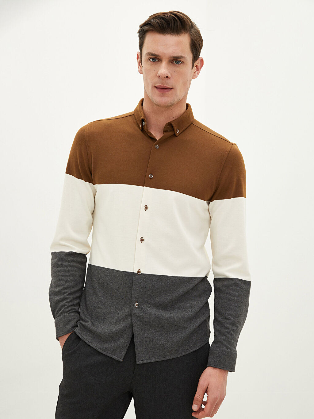 

Приталенная мужская рубашка с цветными блоками и длинными рукавами Slim Fit LCW Vision