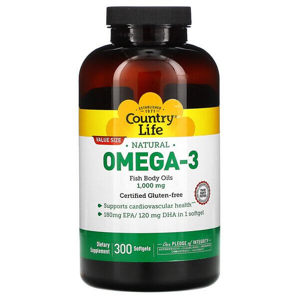 Омега-3, Country Life, 1000 мг, 300 капсул ovega 3 веганские омега 3 кислоты дгк эпк 500 мг 60 вегетарианских мягких таблеток