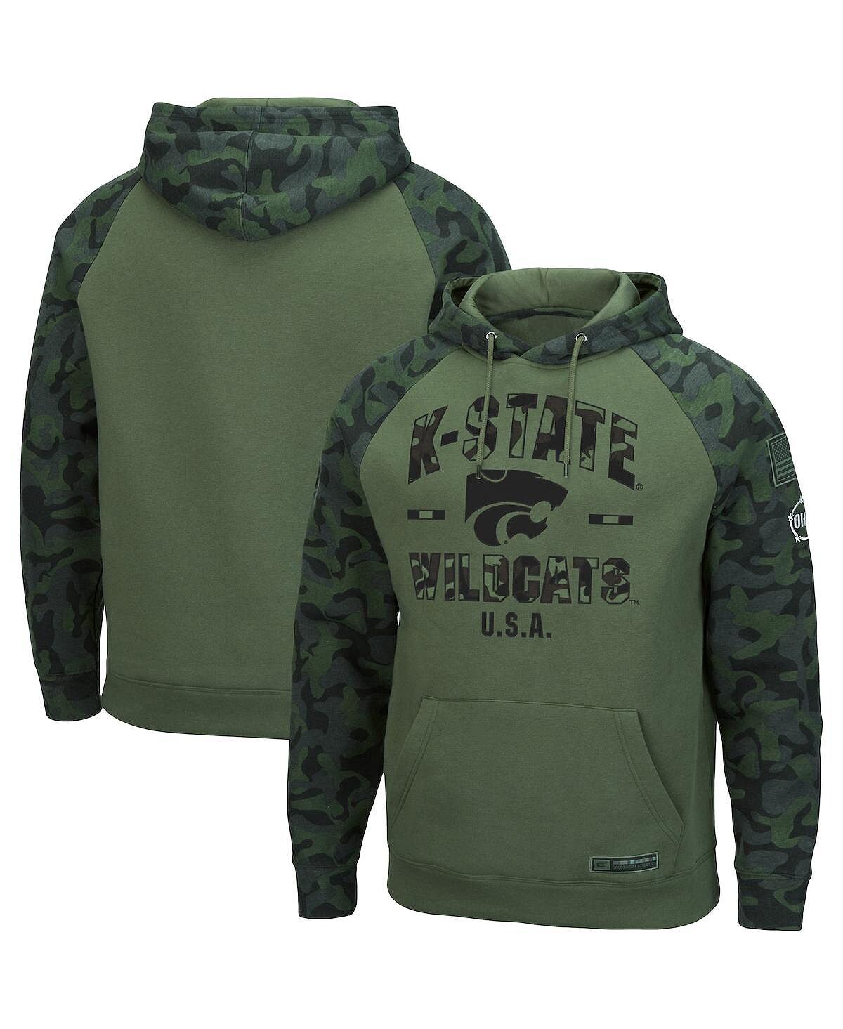 

Мужская оливковая, камуфляжная толстовка с капюшоном и регланами kansas state wildcats oht в стиле милитари Colosseum, мульти