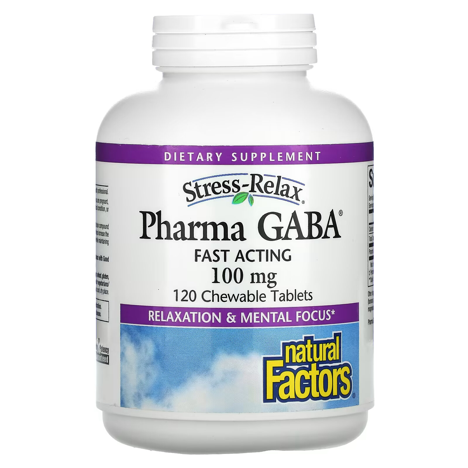 Natural Factors, Stress-Relax, Pharma GABA, 100 мг, 120 жевательных таблеток natural factors stress relax мелатонин 3 мг 180 жевательных таблеток