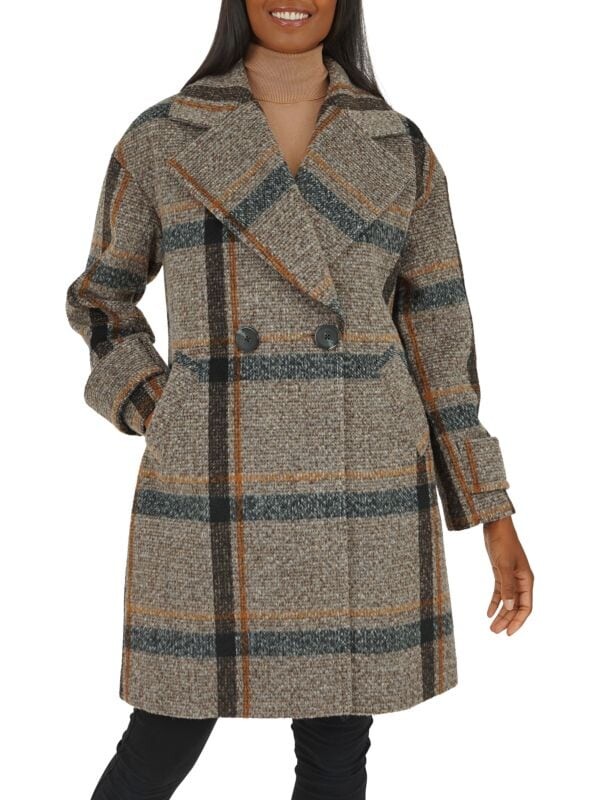 

Длинное Двубортное Пальто Kensie в клетку, brown plaid, Серый