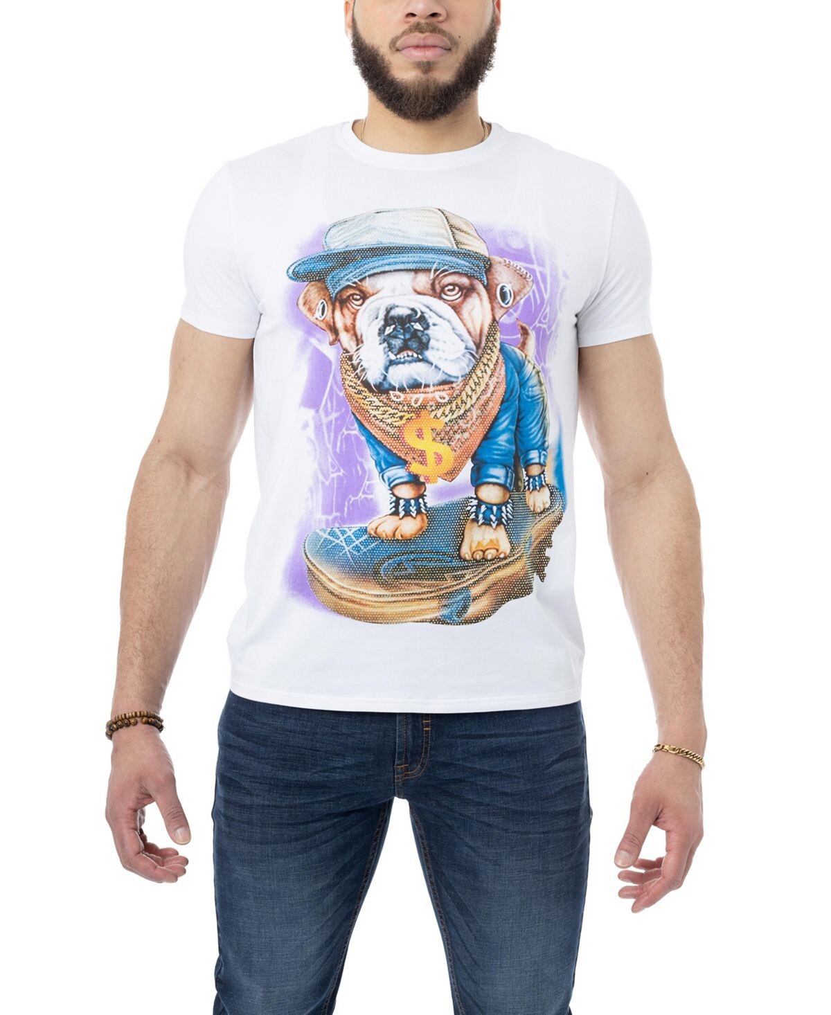 

Мужская футболка со стразами в стиле хип-хоп skater bulldog X-Ray, белый