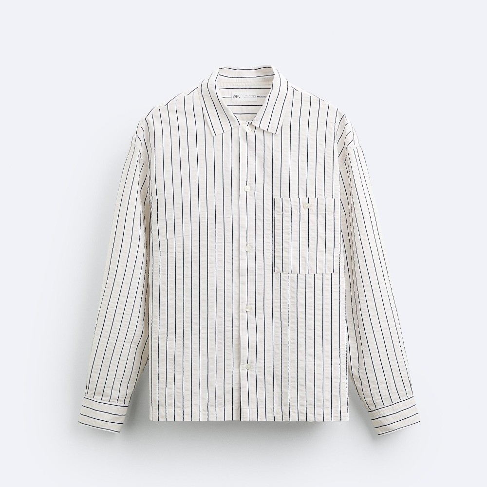 Рубашка Zara Striped With Pocket, синий/белый рубашка zara striped with embroidery голубой белый