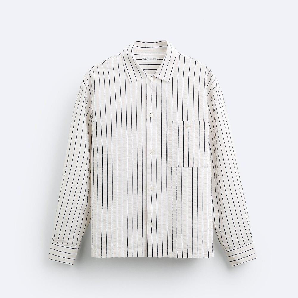 Рубашка Zara Striped With Pocket, синий/белый куртка бомбер zara striped with patches темно синий