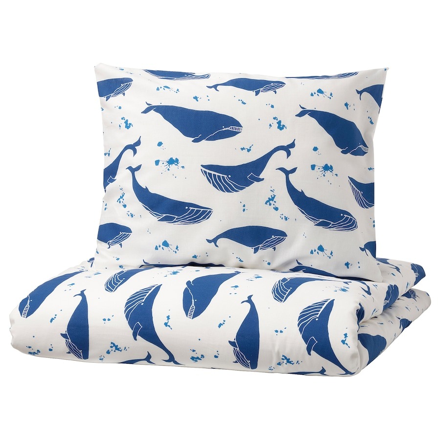 Постельное белье Ikea Blavingad Duvet Cover And Pillowcase Whale Pattern, 150x200/50x60 см, синий/белый