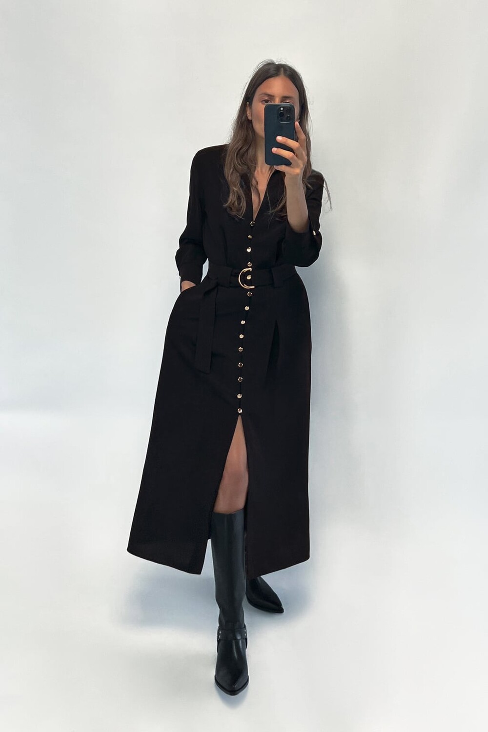 

Платье-рубашка миди с поясом ZARA, черный
