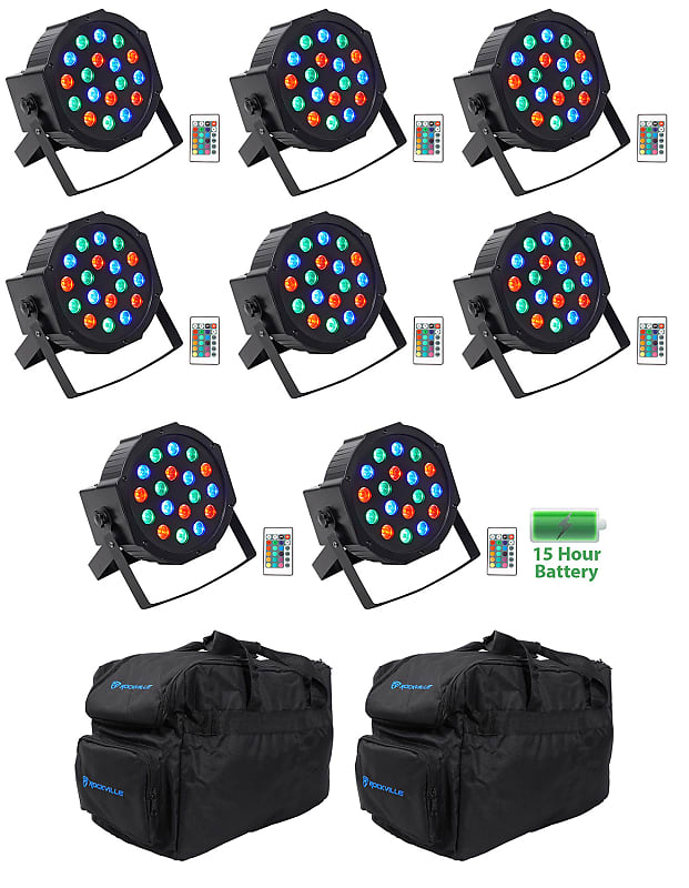 (8) Rockville BATTERY PAR 50 Аккумуляторные светодиодные прожекторы DMX DJ Wash Up + Пульты + Сумки (8) BATTERY PAR 50+(2) RLB30