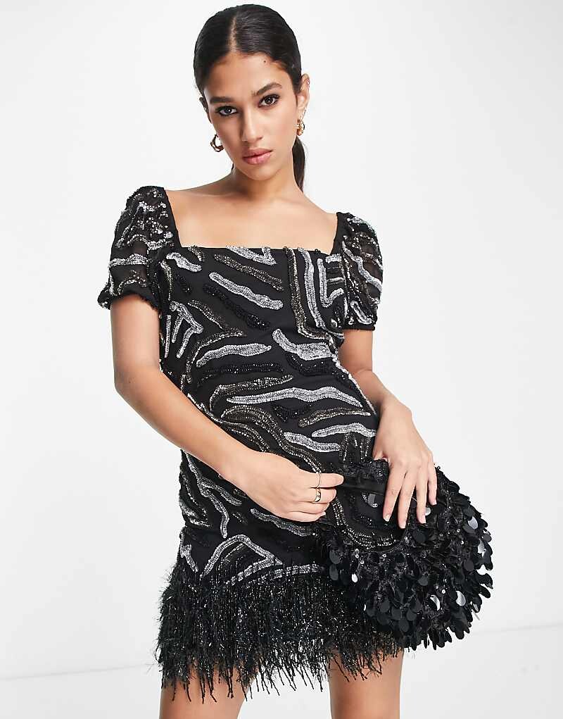 

Miss Selfridge – Premium – Украшенное мини-платье черного цвета с животным принтом и отделкой из искусственных перьев - ЧЕРНЫЙ