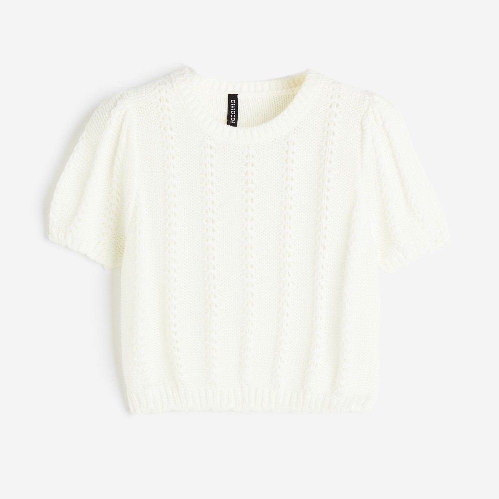 Топ H&M Textured-knit Puff-sleeved, кремовый
