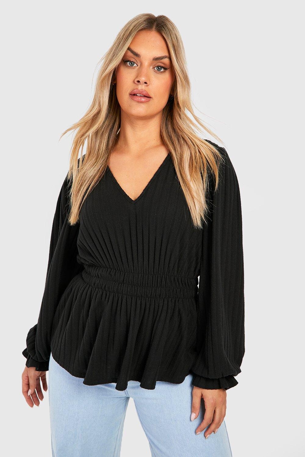 

Топ с баской в ребку плюс Boohoo, черный
