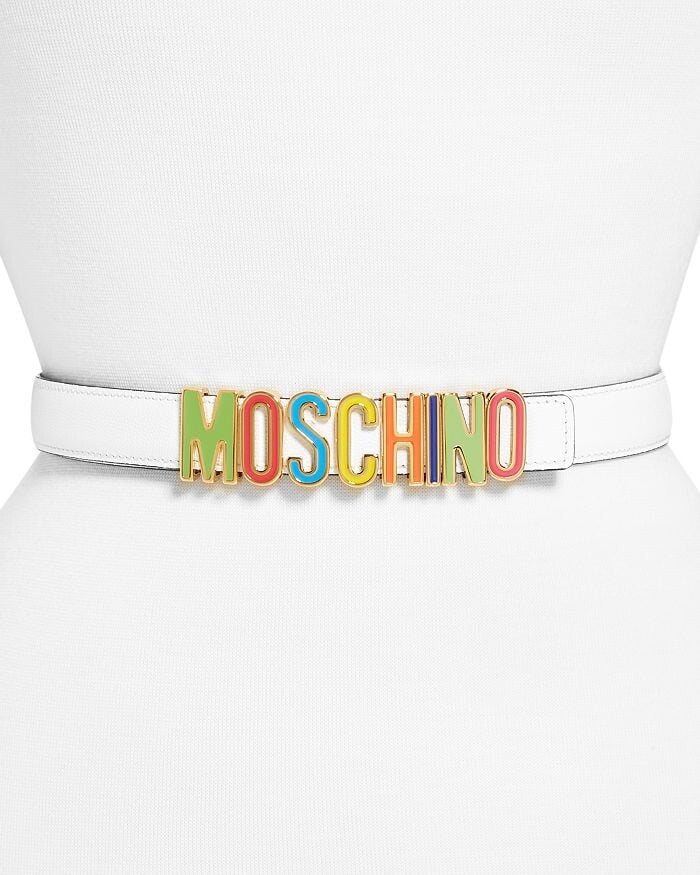 

Женский кожаный ремень с радужной пряжкой и логотипом Moschino