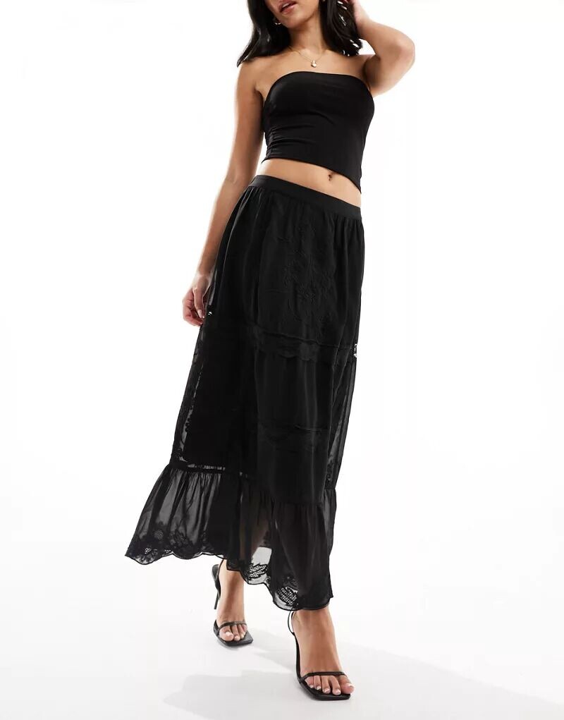 

Черная ярусная кружевная юбка макси River Island