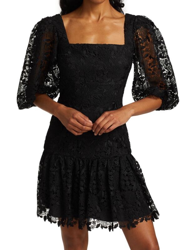 

Кружевное мини-платье ML Monique Lhuillier с пышными рукавами, черный