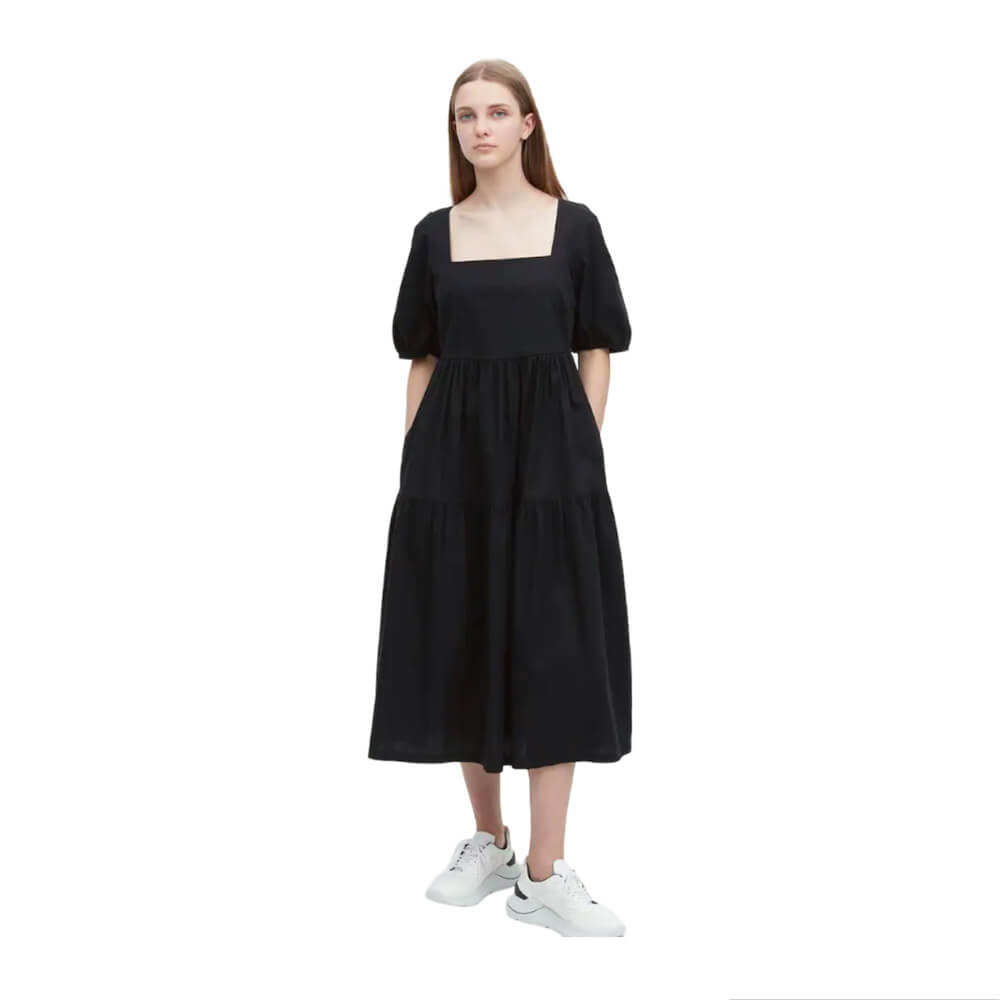 Платье Uniqlo Linen Blend Shirring Volume Sleeved, черный
