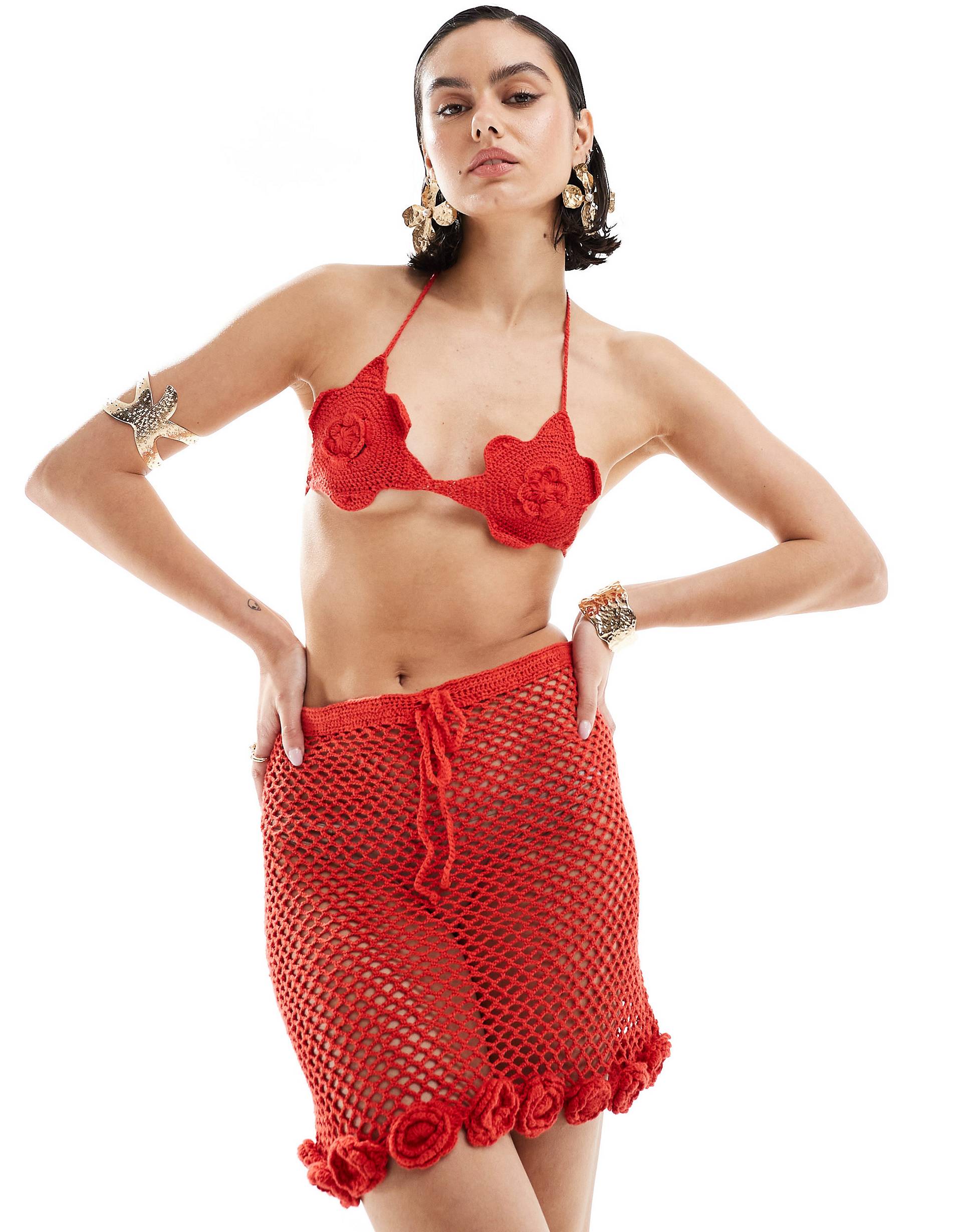 Юбка Mango Crochet Co-ord Mini With Rose Hem, красный юбка ажурной вязки