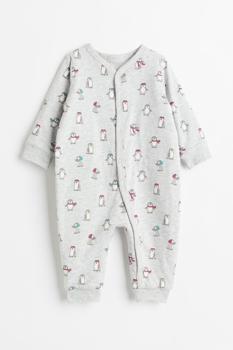 

Утепленный пижамный комбинезон H&M, светло-серый меланж/пингвины