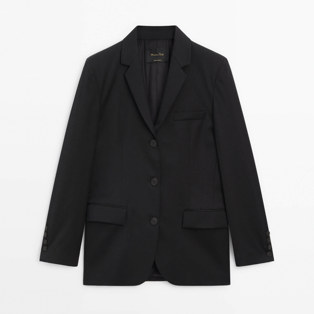 Двубортный костюмный пиджак Massimo Dutti Wool, черный