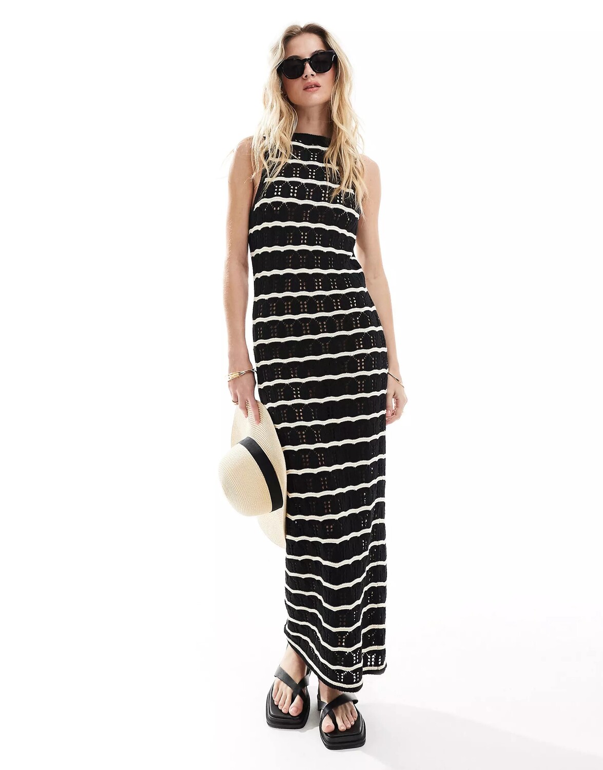 

Платье макси Asos Design Knitted Scoop In Textured Wave Stitch, черный, белый