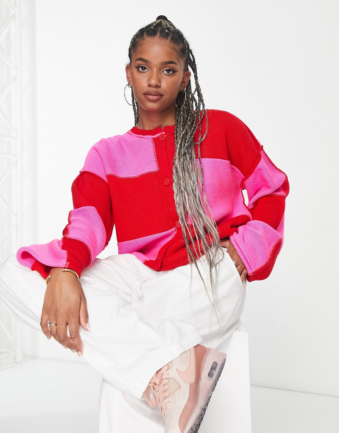 

Кардиган оверсайз в розово-красную клетку ASOS DESIGN