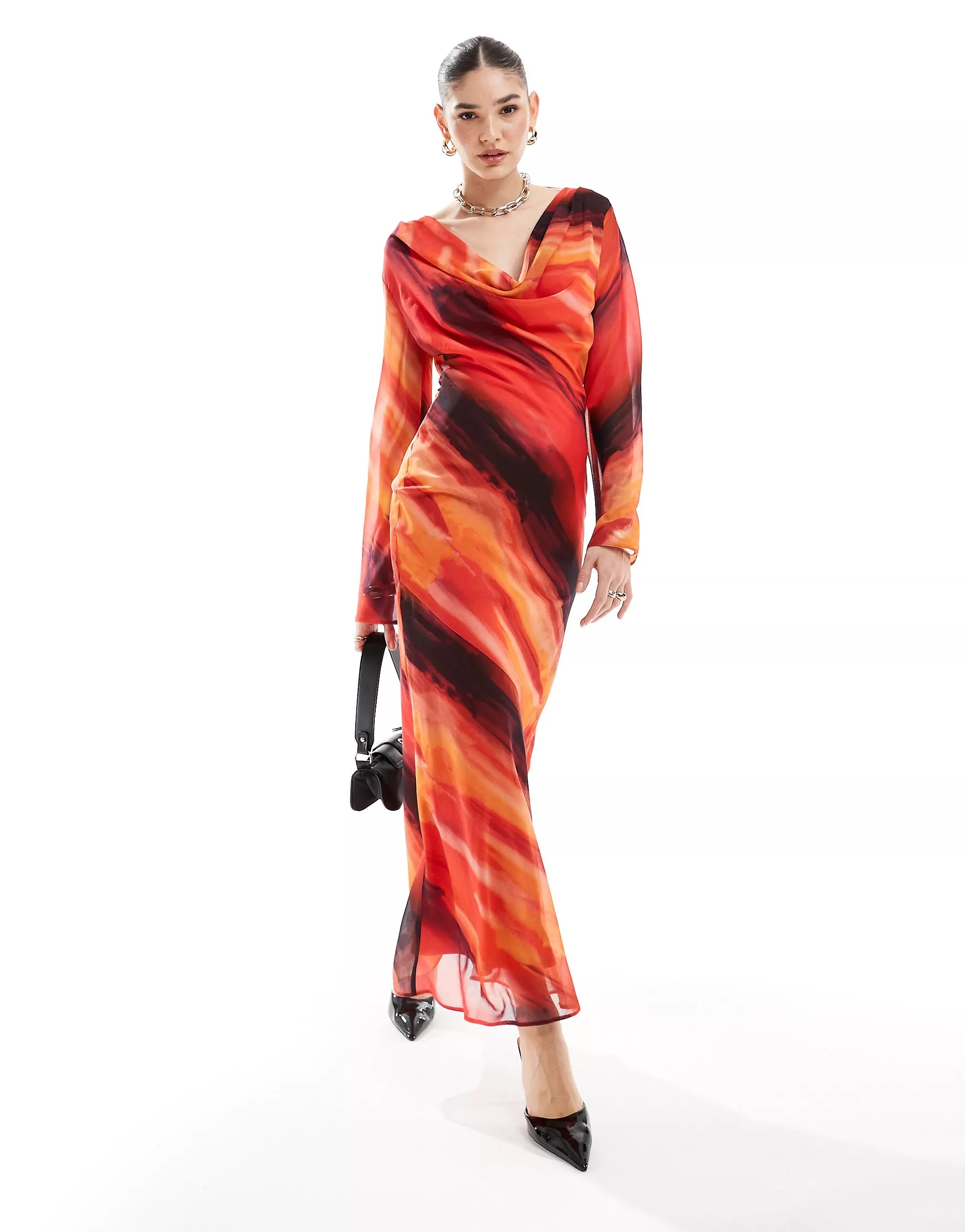 Платье макси Asos Chiffon With A Draped Neckline And An Abstract Pattern, мультиколор
