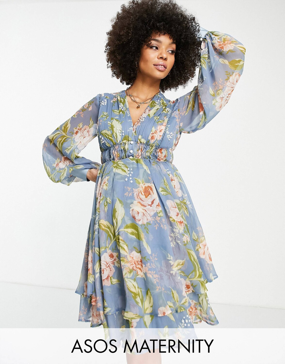 

Платье мини с жемчугом и рюшами ASOS DESIGN Maternity с цветочным принтом