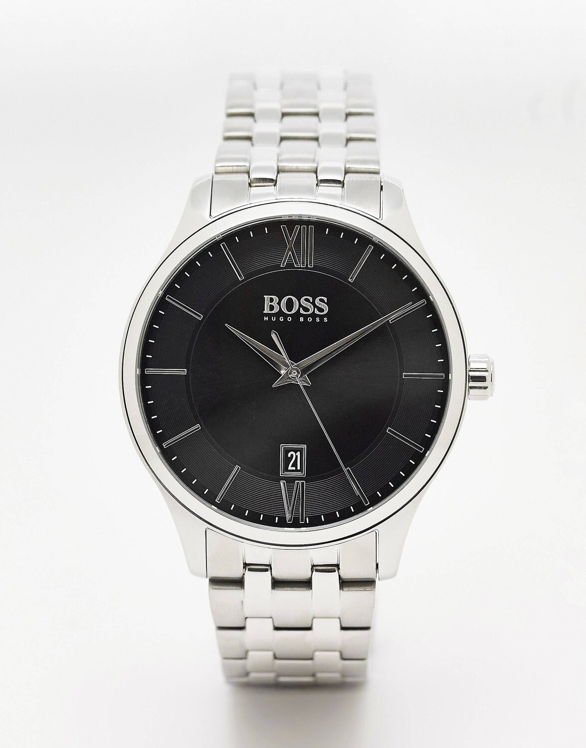 

Серебряные мужские часы-браслет BOSS с черным циферблатом