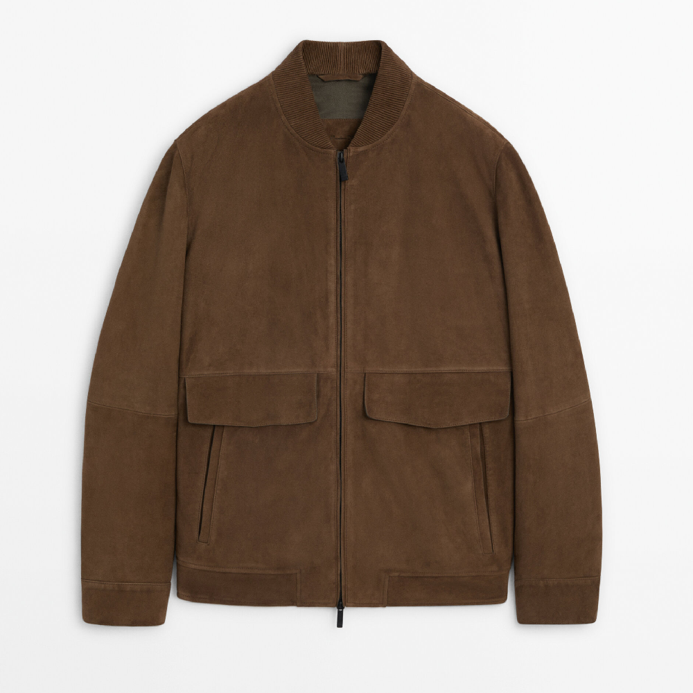 Куртка Massimo Dutti Suede Leather Bomber With Pockets, коричневый куртка бомбер massimo dutti suede leather бежевый