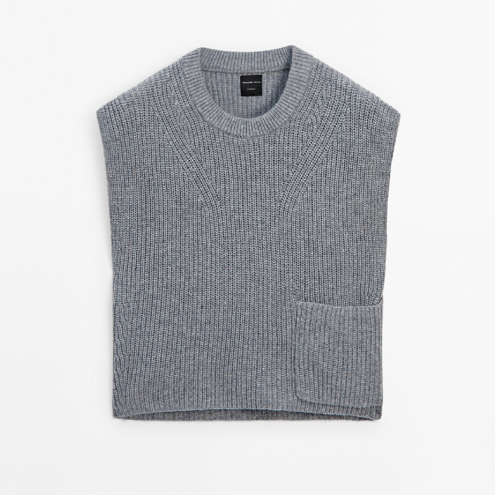 осенний новый свитер жилет темный мужской свитер жилет для среднего возраста свитер жилет свитер свитер для мужчин мужской свитер Свитер-жилет Massimo Dutti Knit With Pocket Detail - Studio, серый