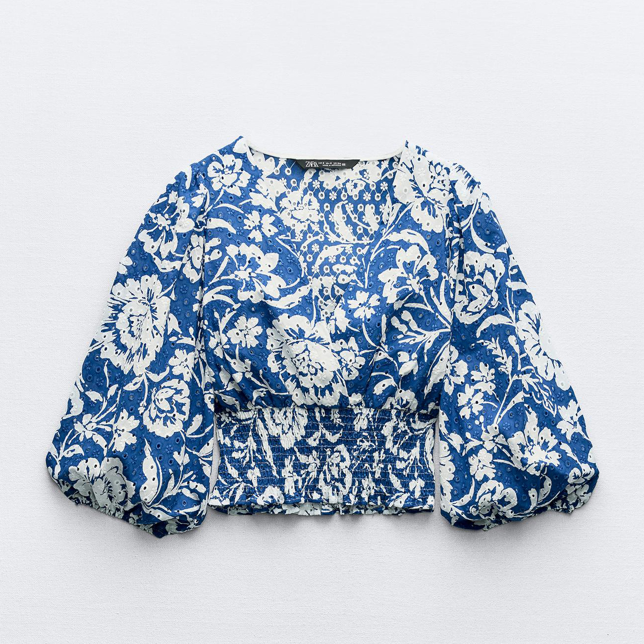 Топ Zara Printed With Cutwork Embroidery, синий/белый