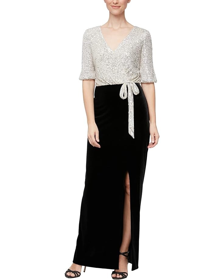 

Платье Alex Evenings Long Surplice Column with Tie Waist Detail and Front Slit, черный