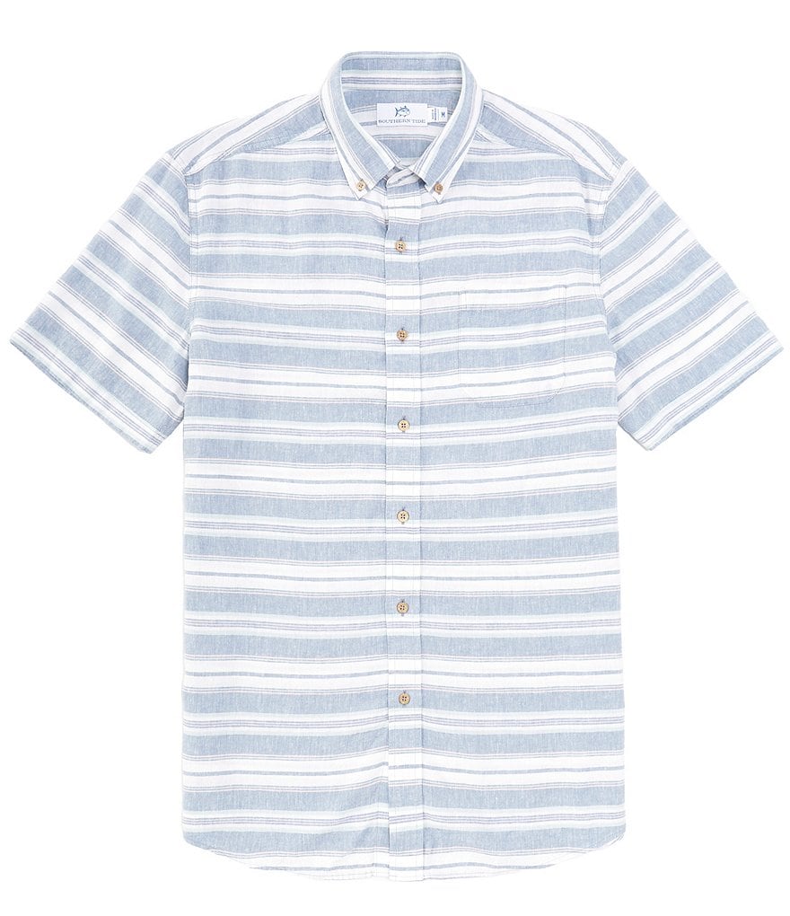 Рубашка из льна и вискозы с короткими рукавами в полоску Southern Tide Timmonsok, синий рубашка в полоску из вискозы wayne s синий