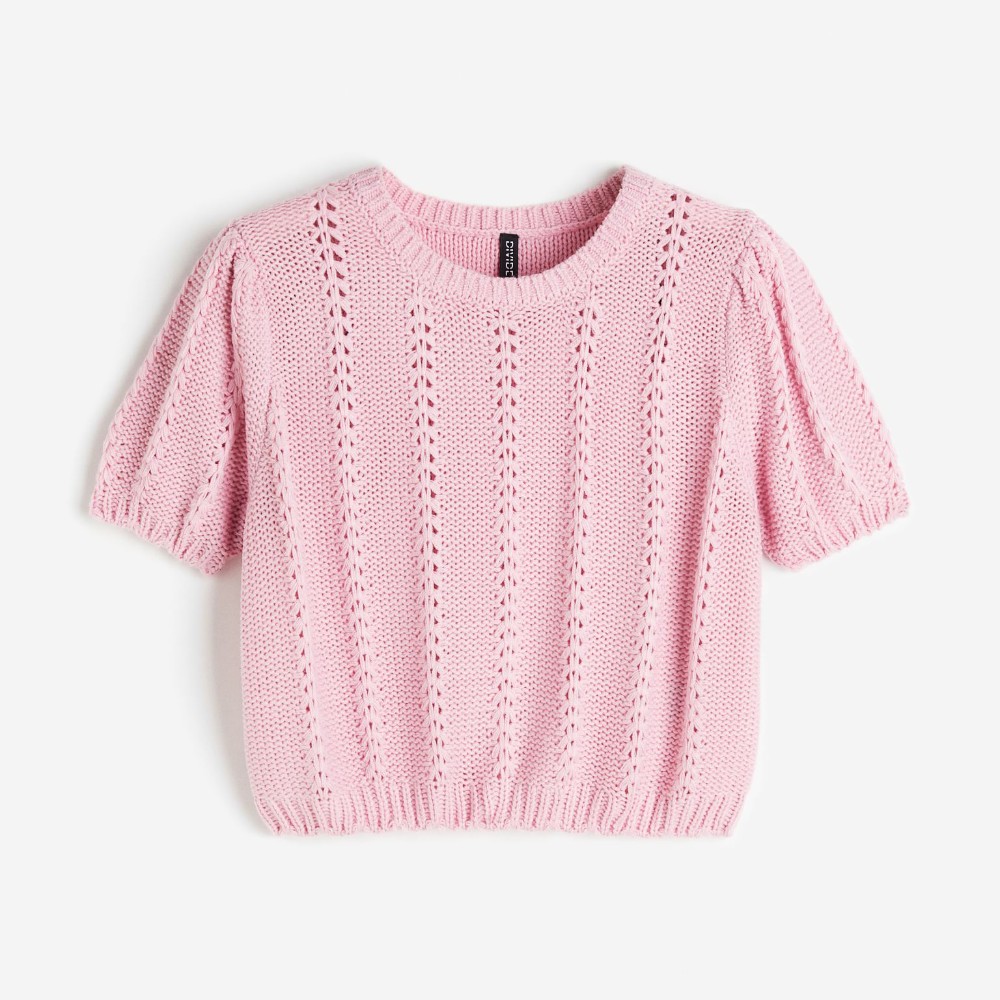 Топ H&M Textured-knit Puff-sleeved, светло-розовый