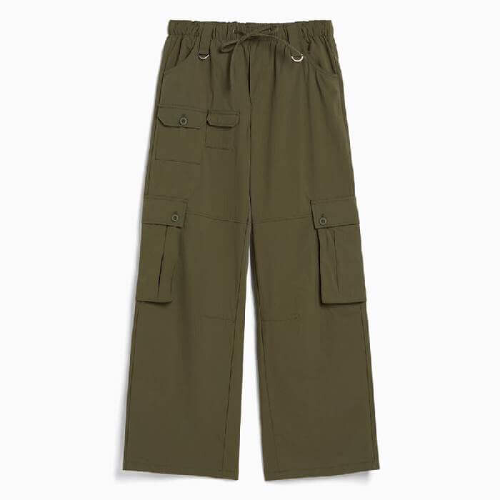 

Брюки Bershka Multipocket Wide-Leg Cargo, хаки