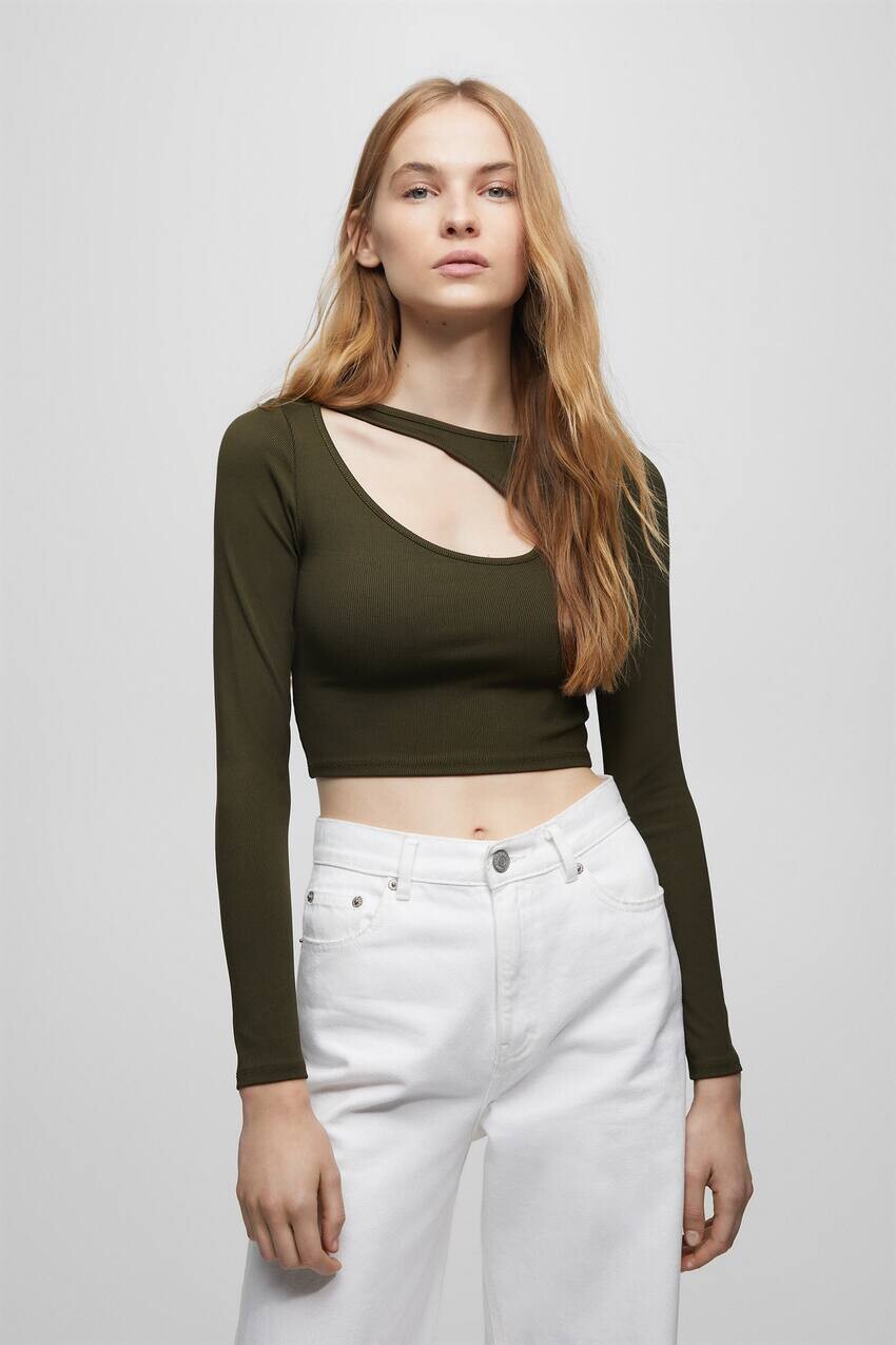 

Топ с вырезами и длинными рукавами Pull&Bear, хаки