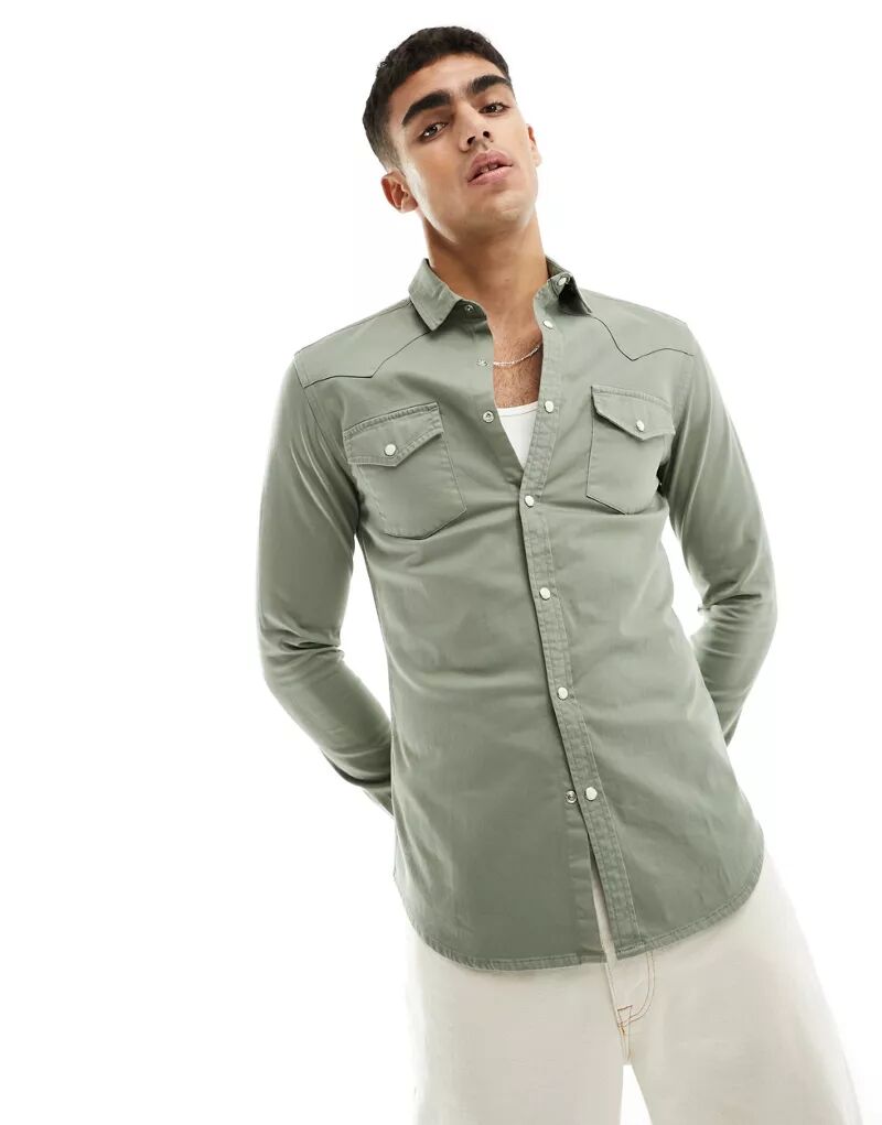 Зеленая джинсовая рубашка скинни в стиле вестерн ASOS