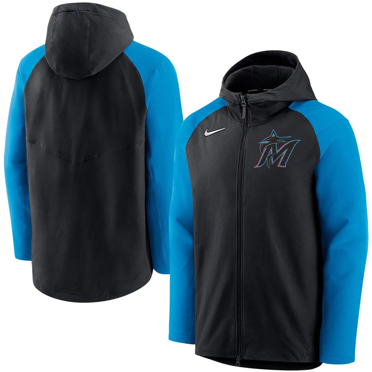 

Мужская черная/синяя толстовка с капюшоном с молнией во всю длину Miami Marlins Authentic Collection Performance реглан Nike, Черный