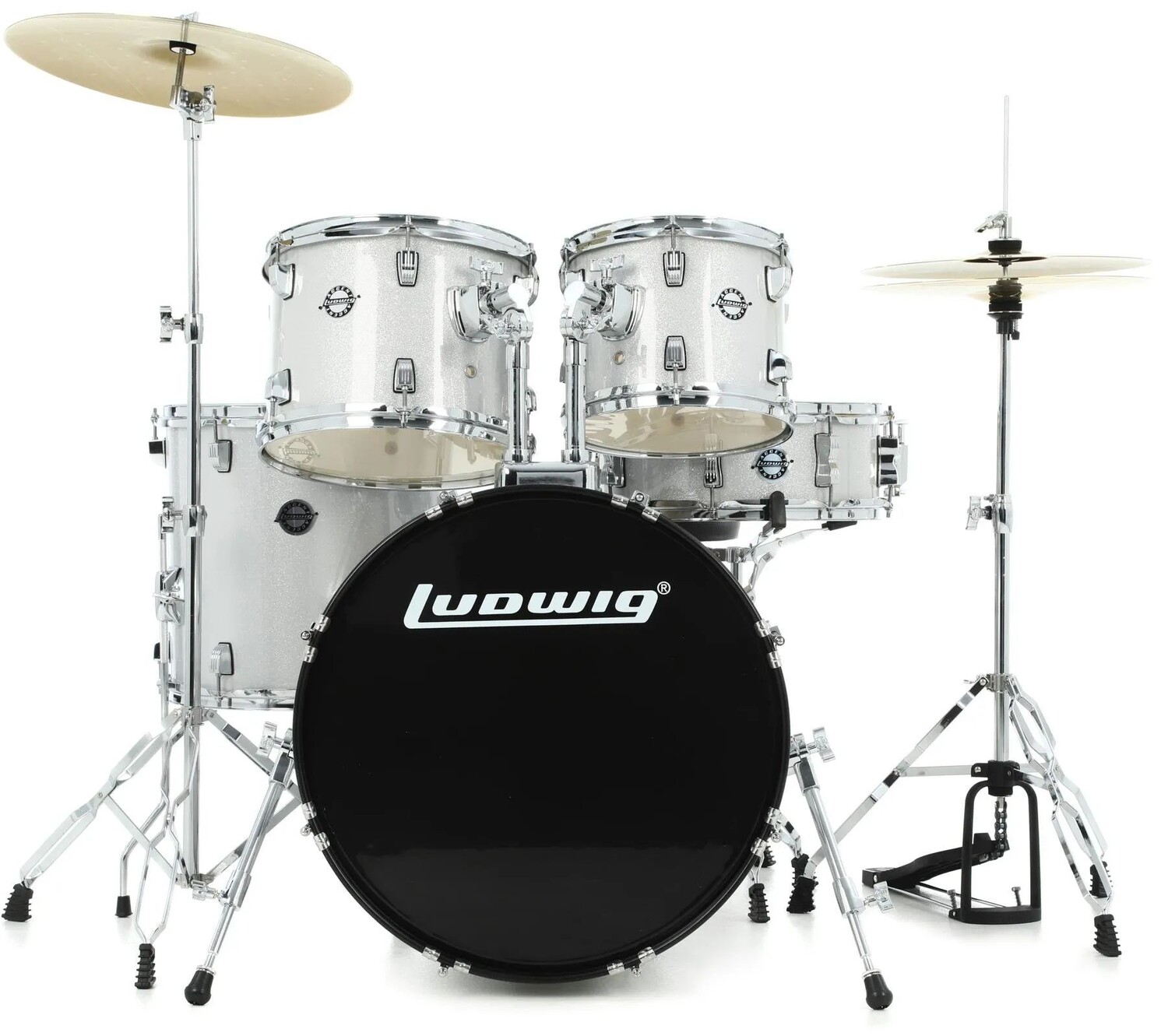

Комплект ударных Ludwig Accent, состоящий из 5 частей, включая 20-дюймовый бас-барабан и тарелки Wuhan - Silver Sparkle