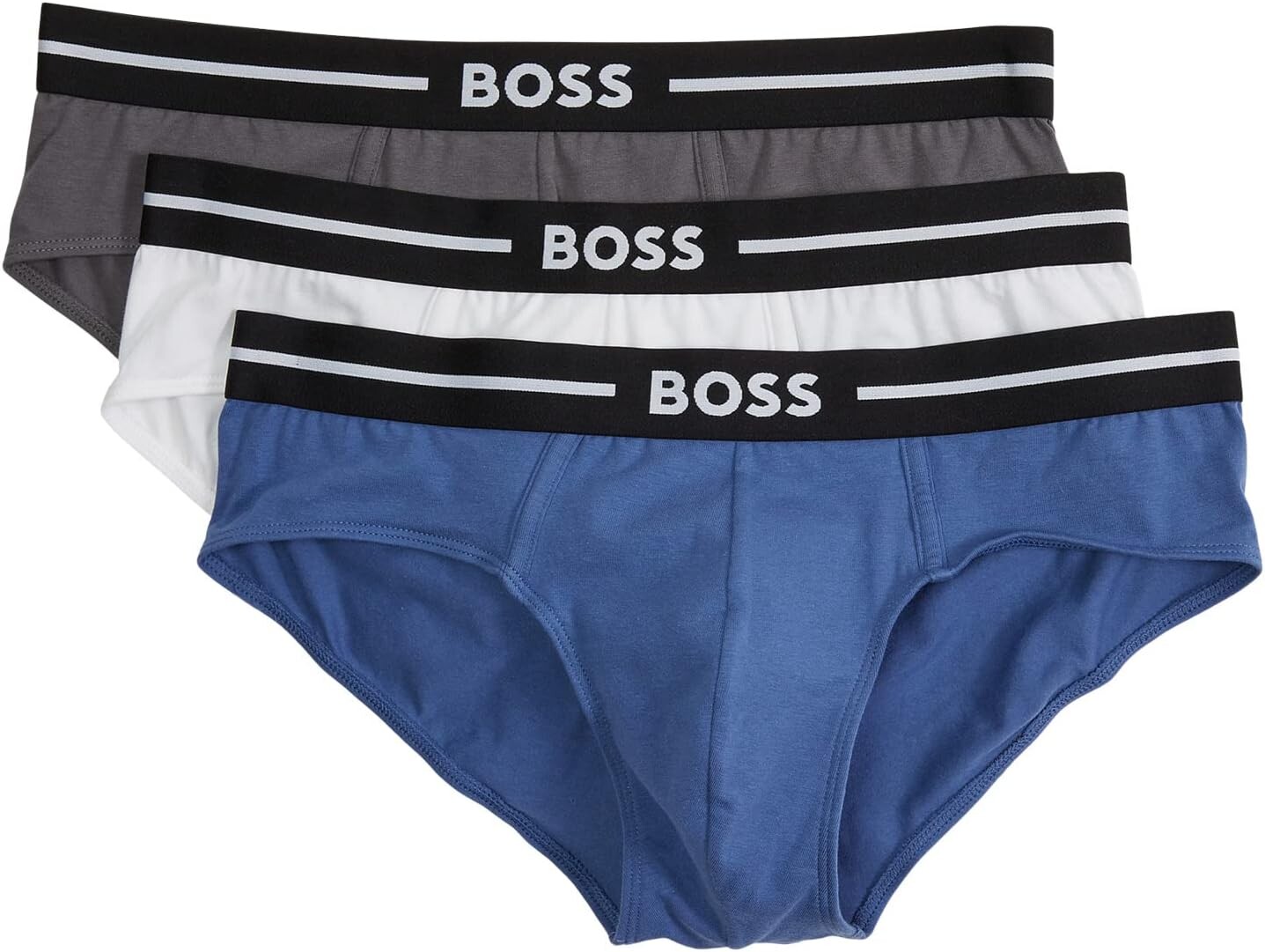 

Комплект из трех хипстерских трусов с ярким логотипом BOSS, цвет White/Slate Grey/Dusty Blue